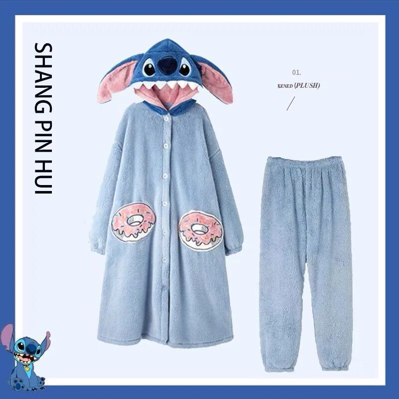 Pijama de punto Kawaii de Disney, pijama grueso de lana Coral de dibujos animados de longitud media para hombre y mujer, bata exterior dulce, albornoz de regalo