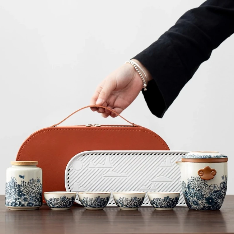 

Blue and White Ru Kiln Kung Fu Tea Set One Pot Four Cups Outdoor Camping Pot Vehicle Travel Tea Set Anti-collision
