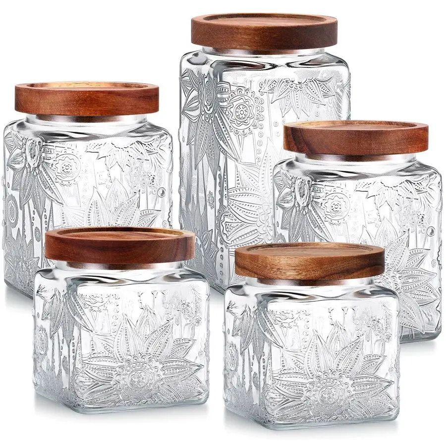 

5 Pcs Sunflower Vintage Glass Jars with Bamboo Lid 17 24 34 oz Glass Food Containers Storage for Kitchen Counter Pantry Sugar Fl