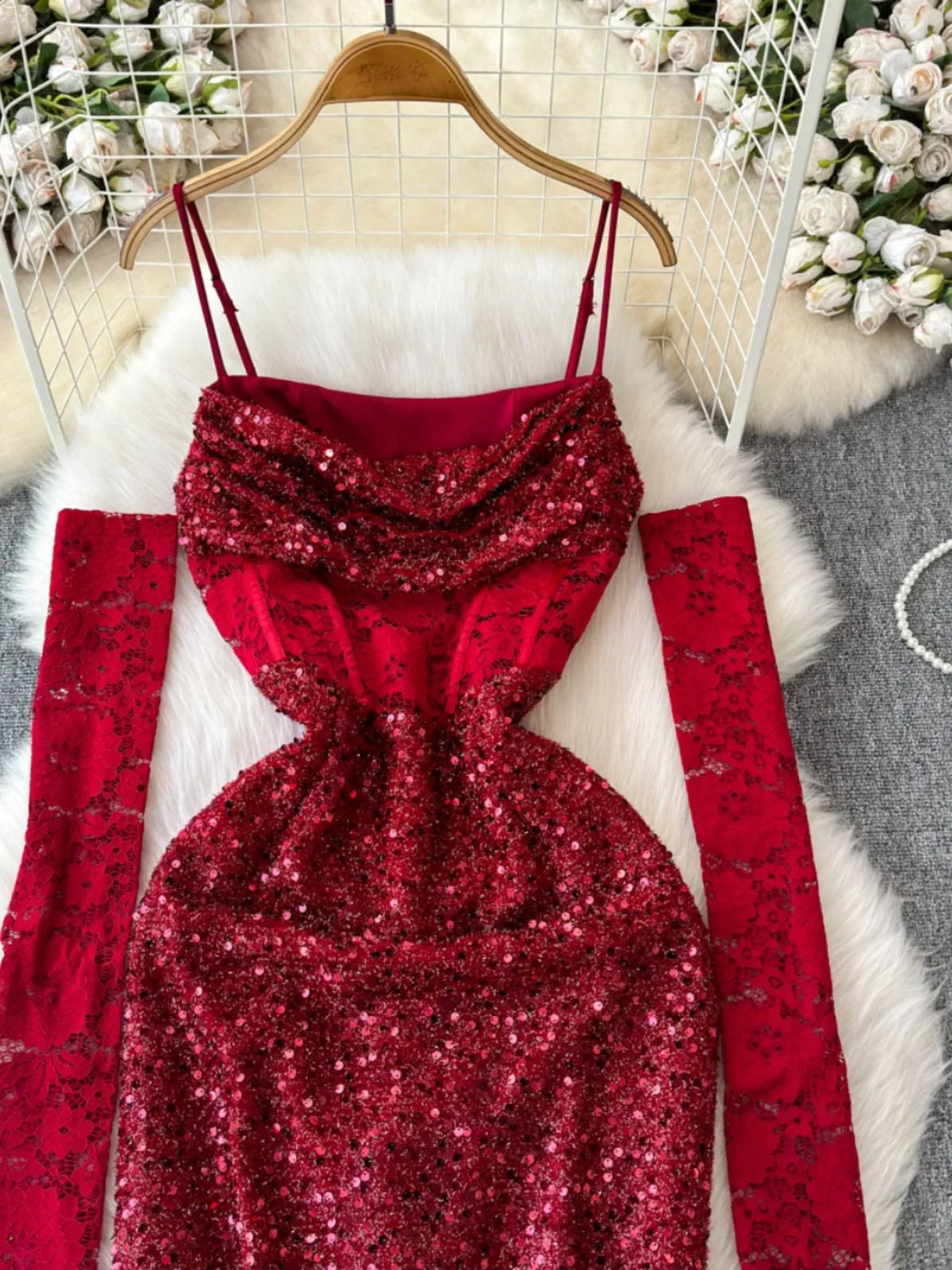 Sexy Red Sequined Suspender Dress Female High-end Birthday Dress Hip Fishtail Dress 2025 New Long Dresses for Women