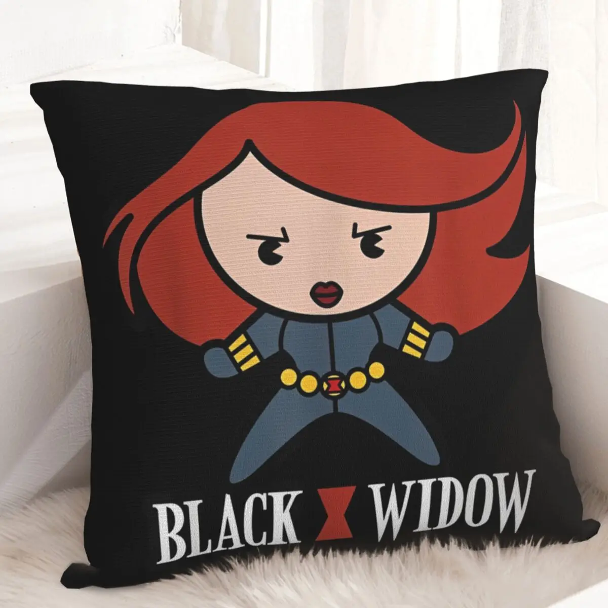 Marvel Black Widow Niedlicher Kawaii Stance Kissenbezug, quadratischer Kissenbezug, Kissenbezug, Kissenbezüge für Stuhl, Sofa, Heimdekoration