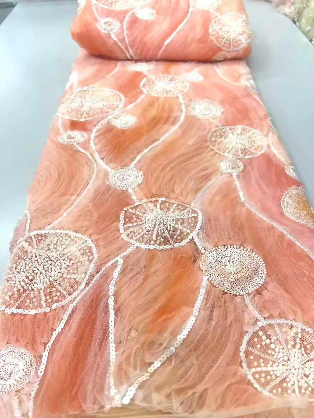 5 ياردة الأفريقي ثلاثية الأبعاد زهرة الخرز الدانتيل النسيج 2025 جودة عالية الفرنسية النيجيري تول تطريز النسيج لفستان الزفاف الخياطة