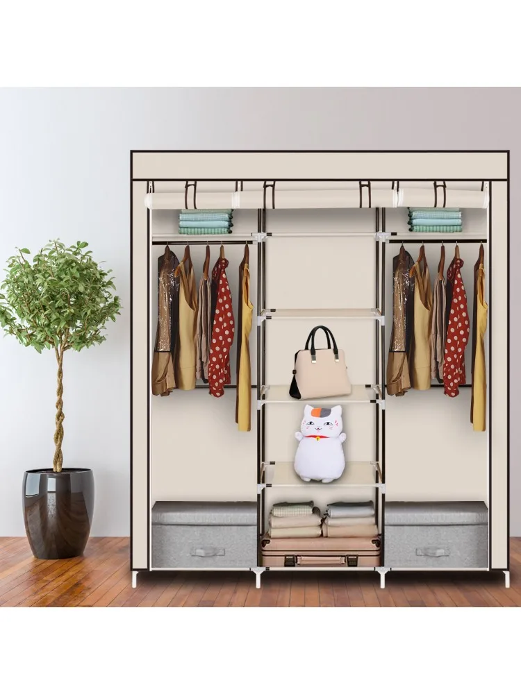 69″ Portable Clothes Closet Non-Woven Fabric Wardrobe Double Rod Storage Organizer Beige