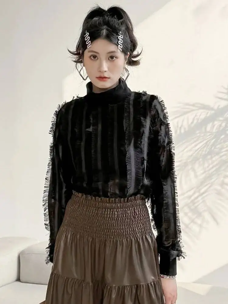 

Women Black Tassels Perspective Elegant T-shirt New Turtleneck Long Sleeve Fashion Tide Spring Autumn