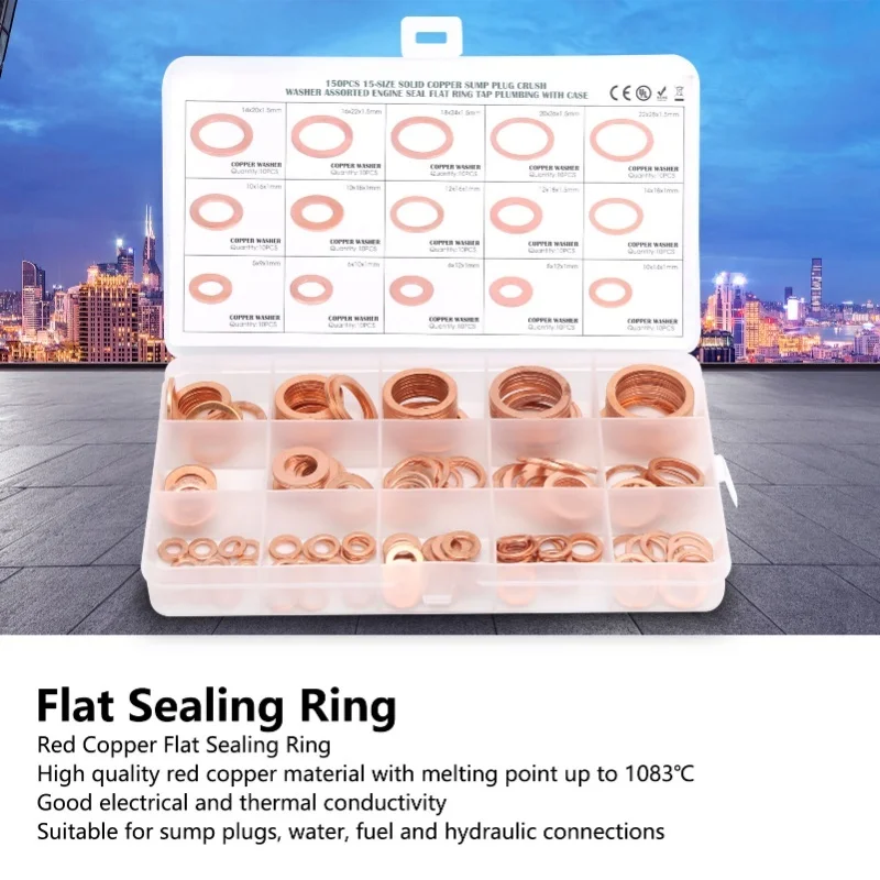 D5 150pcs Flat Sealing Ring Red Copper Gasket O Ring Sealing Gasket Sealing Ring Washer M5/M6/M8/M10/M12/M14 Oil Seal Gasket