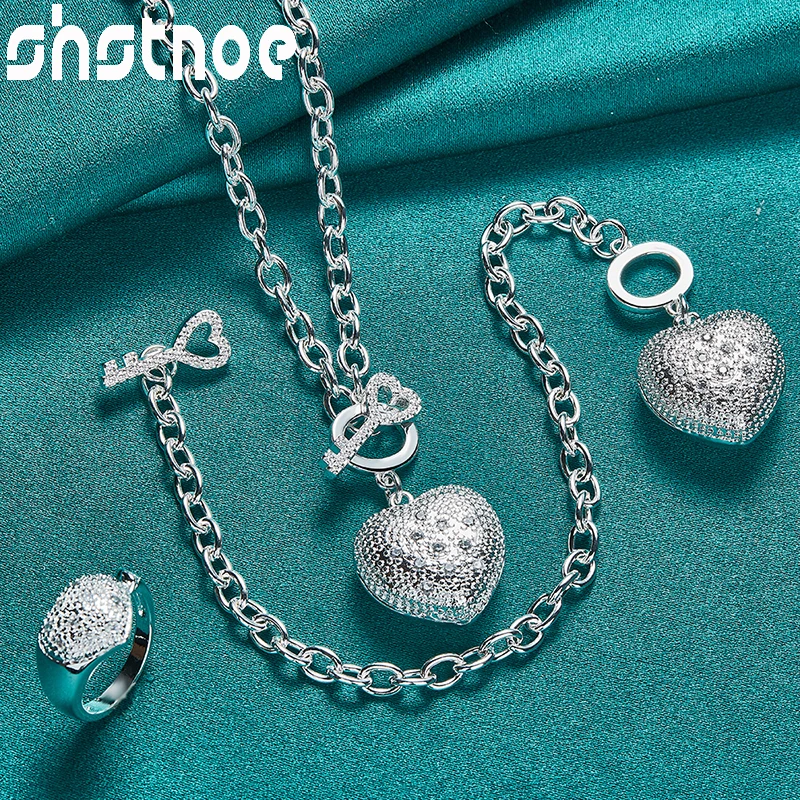 

SHSTONE 3pcs 925 Sterling Silver Hollow Heart Chain Necklace Bracelet Ring Jewelry Set For Woman Wedding Engagement Noble Gift