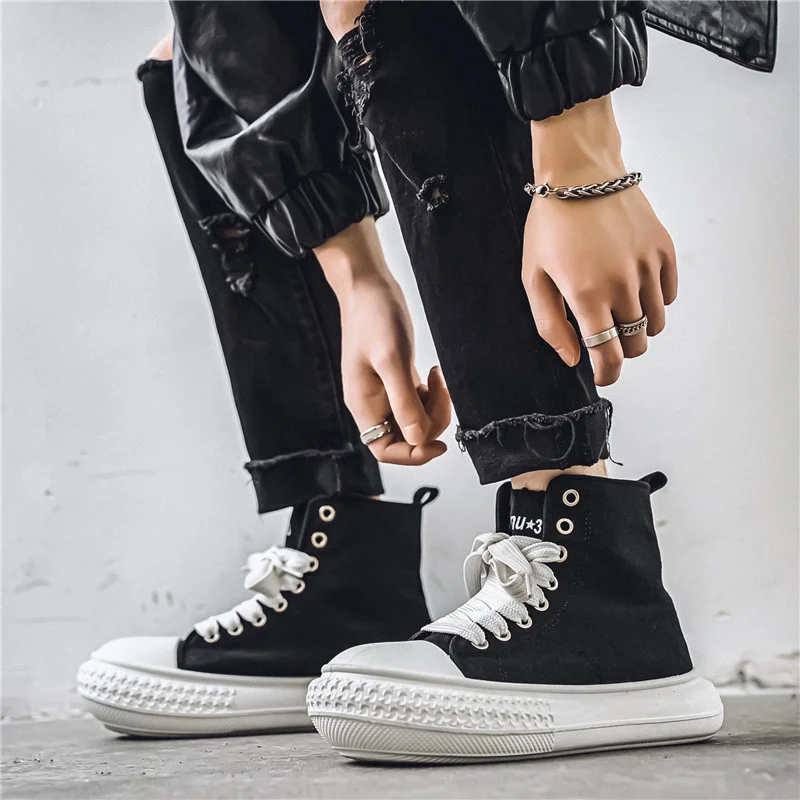 Fashionable Men's High-top Canvas Shoes Casual Platform Sneakers Men Lace-up Black Vulcanized Shoes Men Trendy Flats Espadrilles