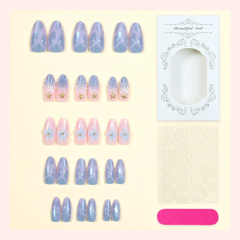 24PCS Glossy Blue Cat Eye Almond False Nails 3D Flowers Simple French Gradient Press on Nails Full Cover Wearable Nail Manicure