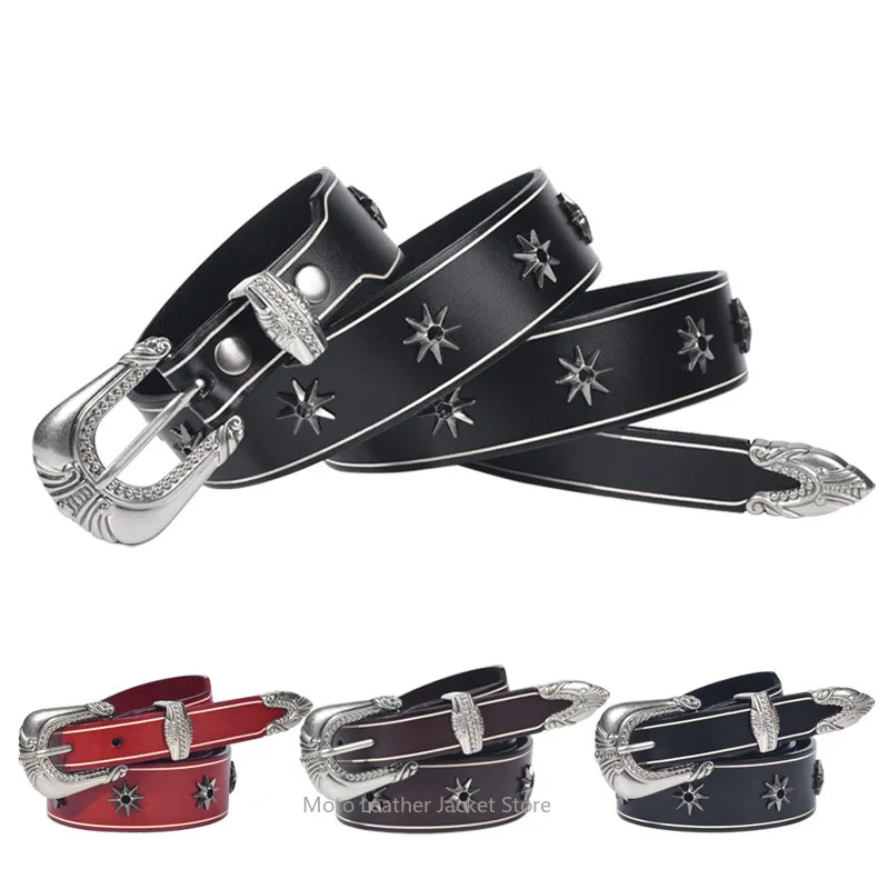 

Новый оригинальный дизайнерский ремень в стиле панк для мужчин, из натуральной кожи (первый слой), с узором в виде звезд, американский винтажный модный кожаный пояс