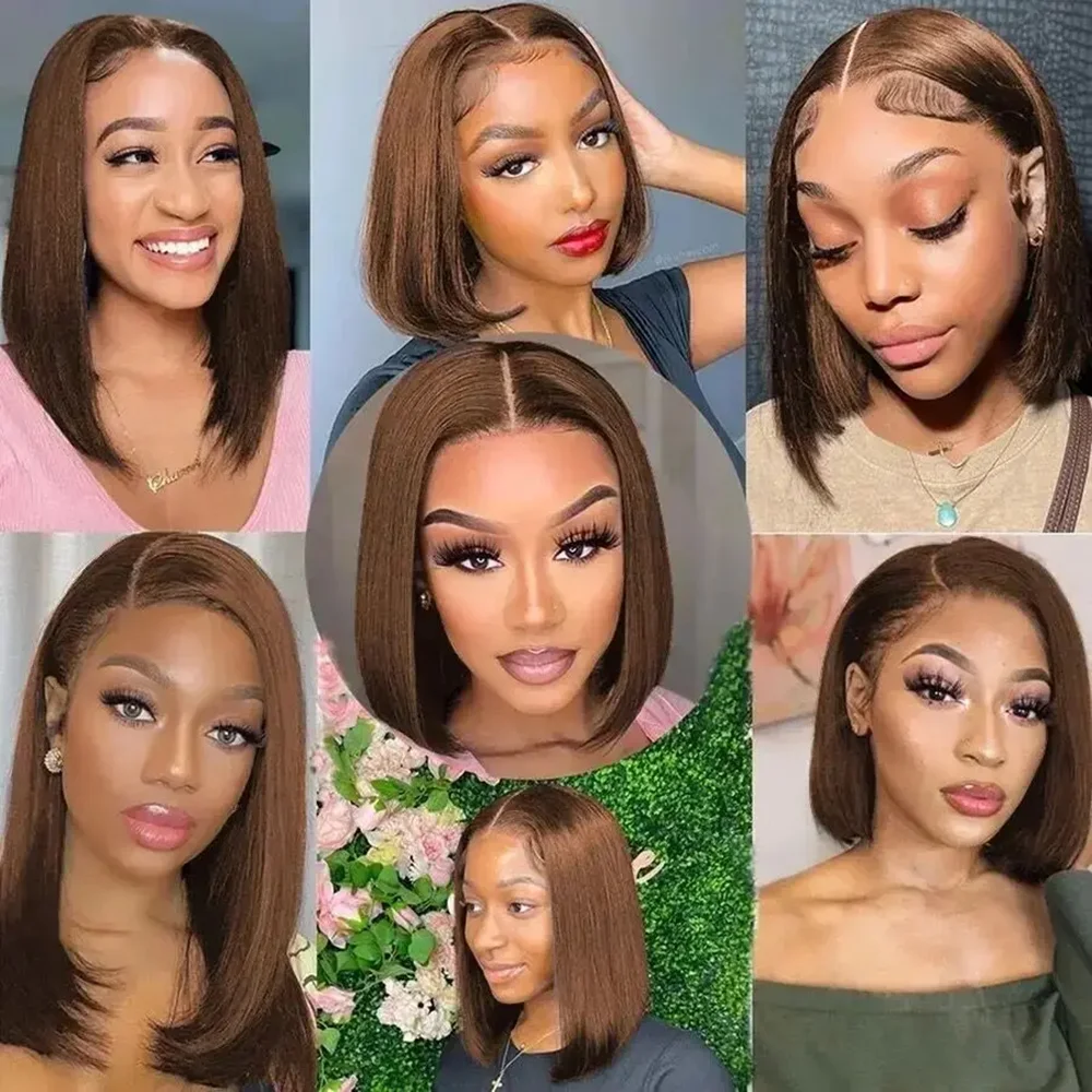 Chocolate Brown Bob Wigs 13x4 Color #4 Bob Wig Human Hair 180% Density Lace Front Wigs Human Hair Straight Short Bob Wig