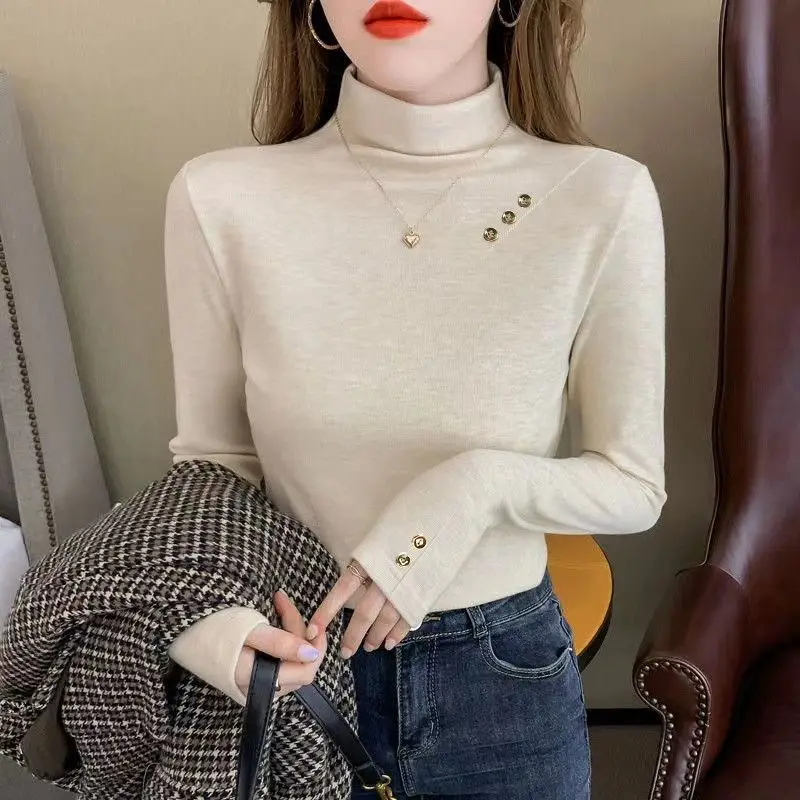 

Women's Autumn Winter New Fashionable Elegant Half High Collar Pullover Long Sleeved Solid Color Bottom Casual Versatile Tops