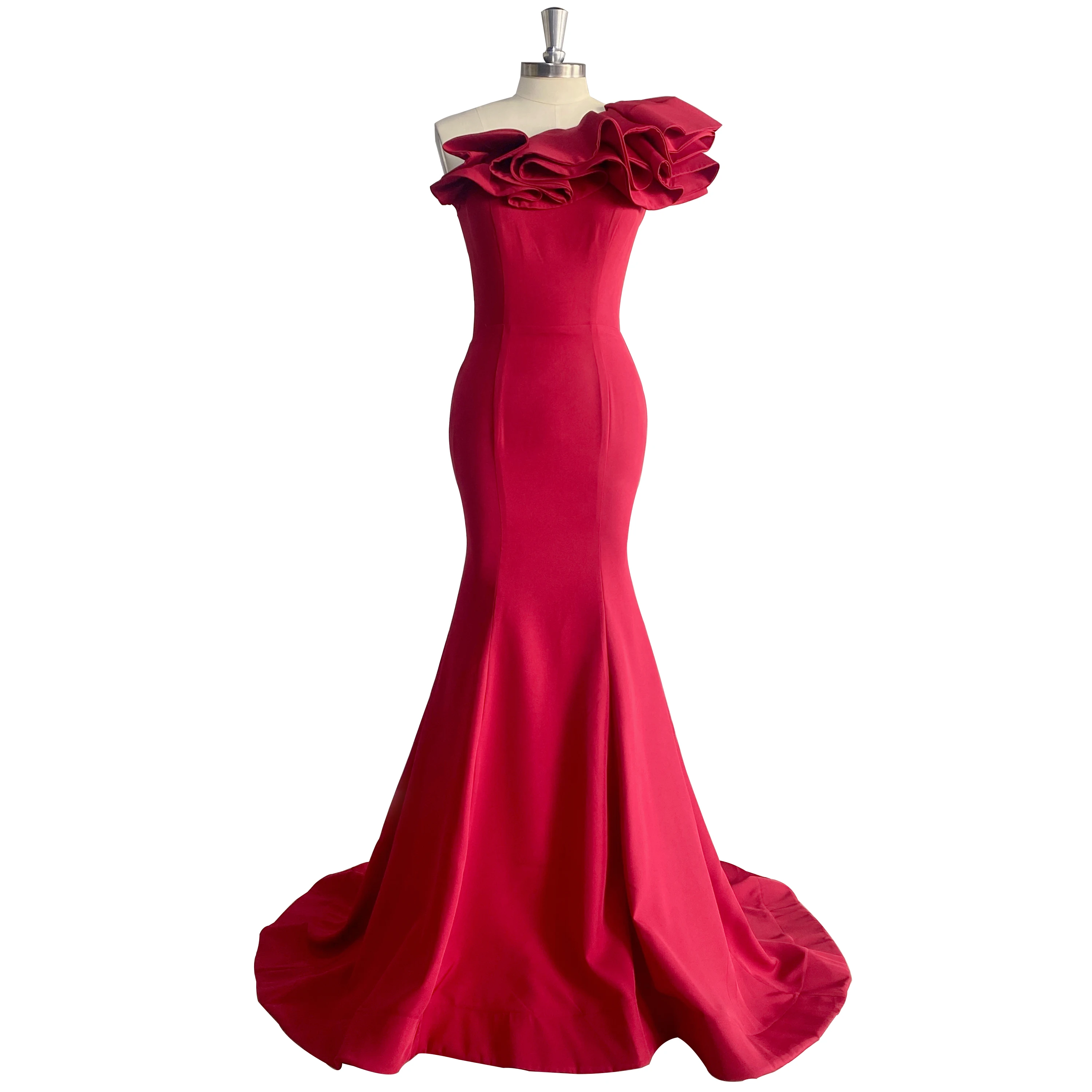 

DIDEYTTAWL One Shoulder Burgundy Evening Dress Ruffles Sleeveless Satin Mermaid Formal Party Gown Sweep Train