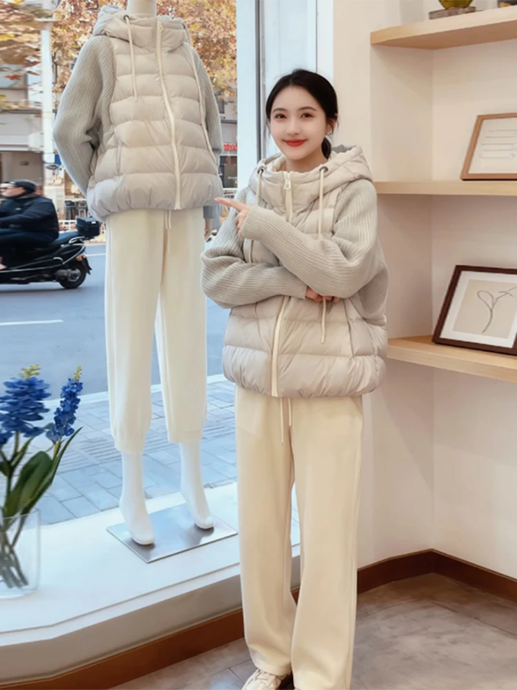 

Модный вязаный топ-двойка в стиле пэчворк с эффектом стройности, корейский стиль, для повседневной носки, свободный крой, длинный рукав, на молнии