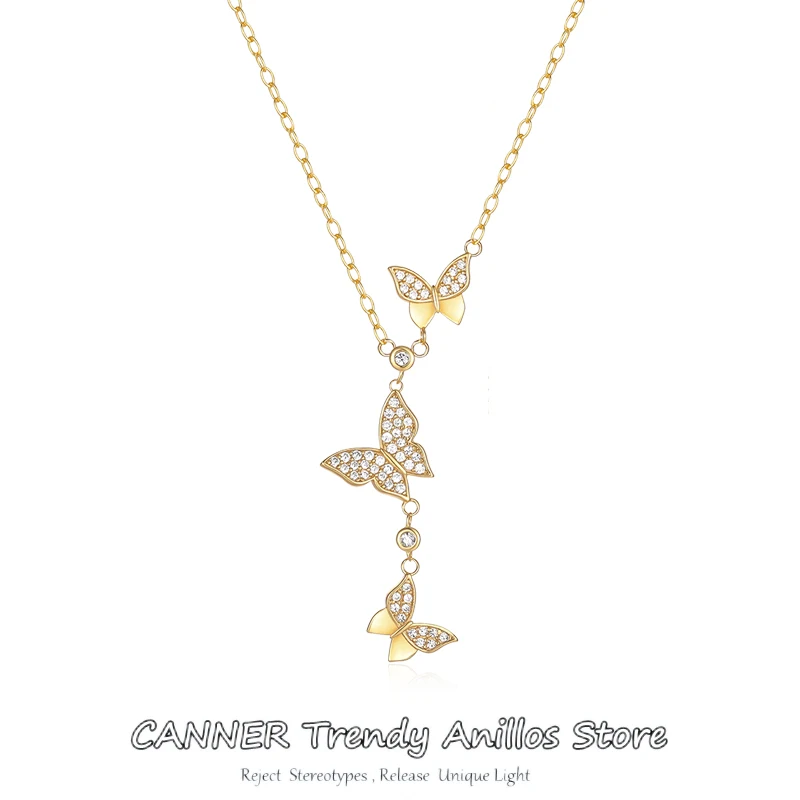 CANNER Zircon Necklaces for Women 925 Sterling Silver Elegant Butterfly Flying Tassel Pendant Clavicle Chain Choker Summer Jewel