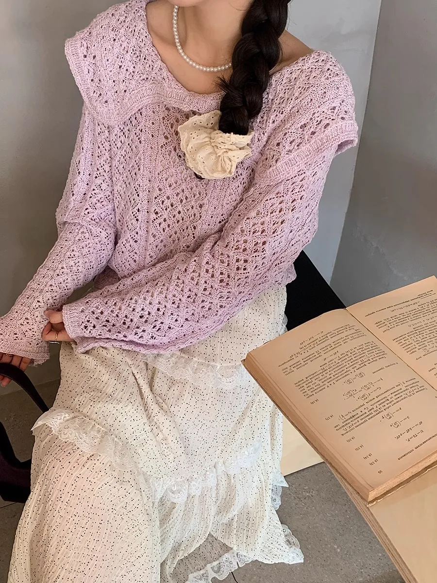 

Ele Hollow out Knitwear Women's Loose Navy Collar Sweater Spring Faion Design Slimming Long Sve Sweet Sle