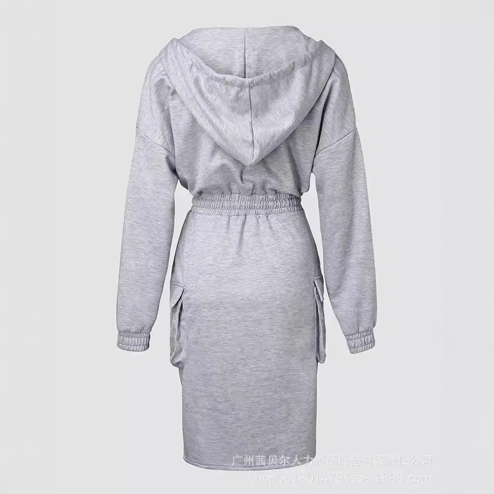 Sweatshirt Dress Women Mid Length Dresses Hoodies Sweatshirts Hooded Drawstring High Waist Pocket Elegant Splice Autumn Vestidos