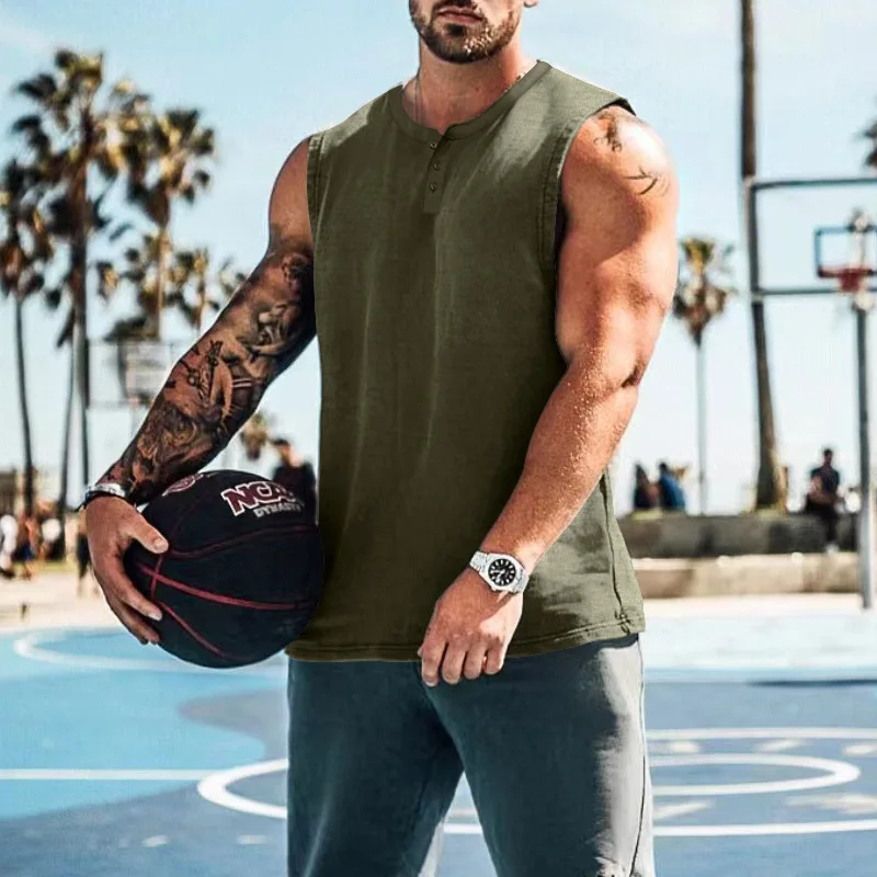Man\'s Henry collar Vest Summer male Casual Tank-top Sports Sleeveless Top Cotton Fitness Flower Print Solid Color Mens Clothes