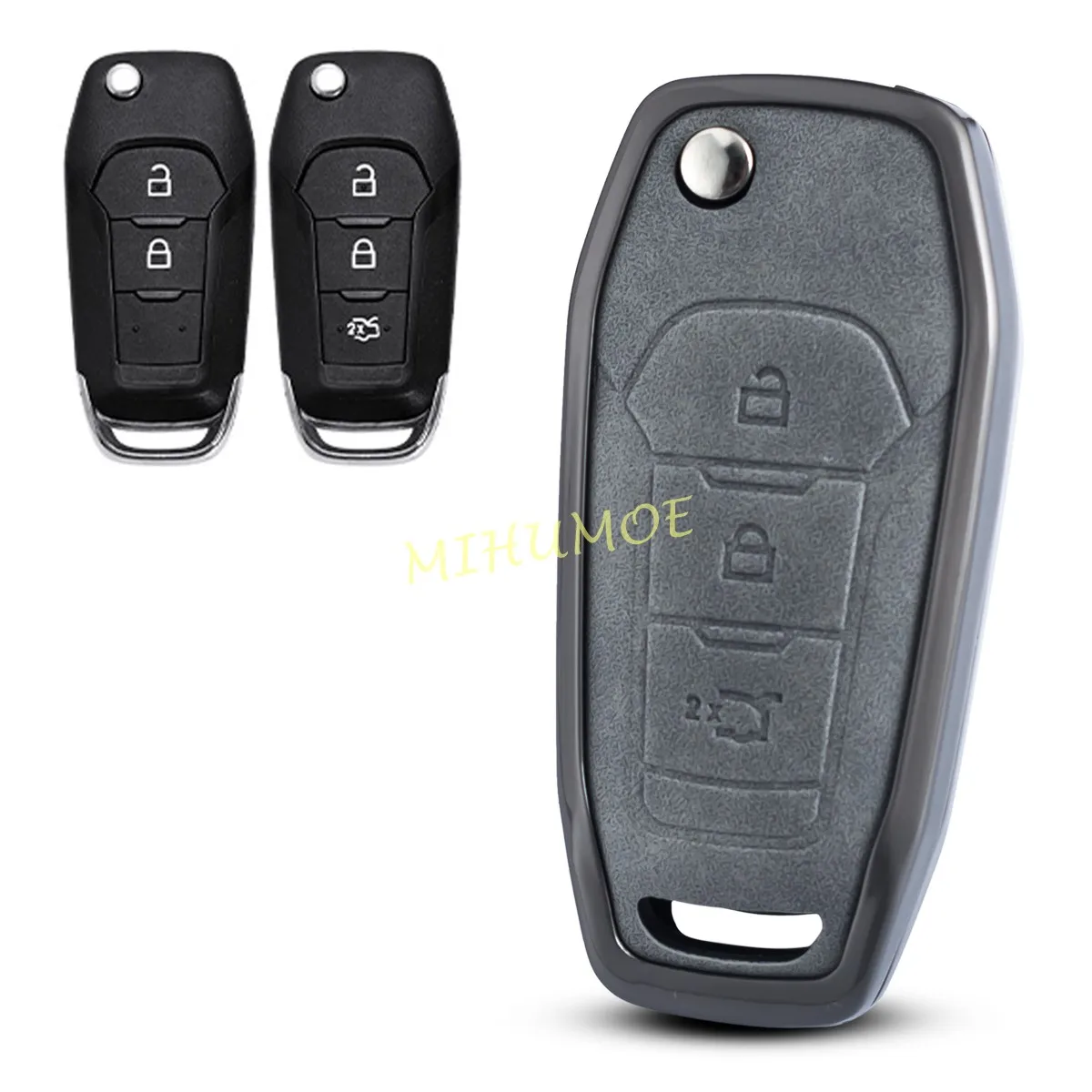 Funda con tapa para llave de coche, funda para Ford Escape F150 F250 F350 F450 XLT Ranger XL Ecosport Maverick Everest Metal cuero gris