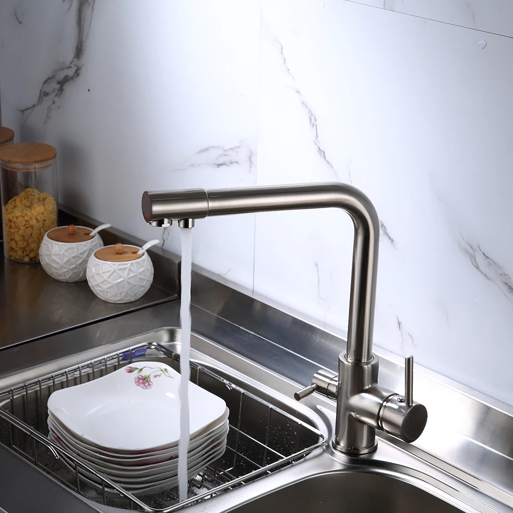 BAKALA Filter Kitchen Faucet Drinking Water Kitchen Tap Deck Mounted Dual Handles 3-Way Hot Cold Water Mixer