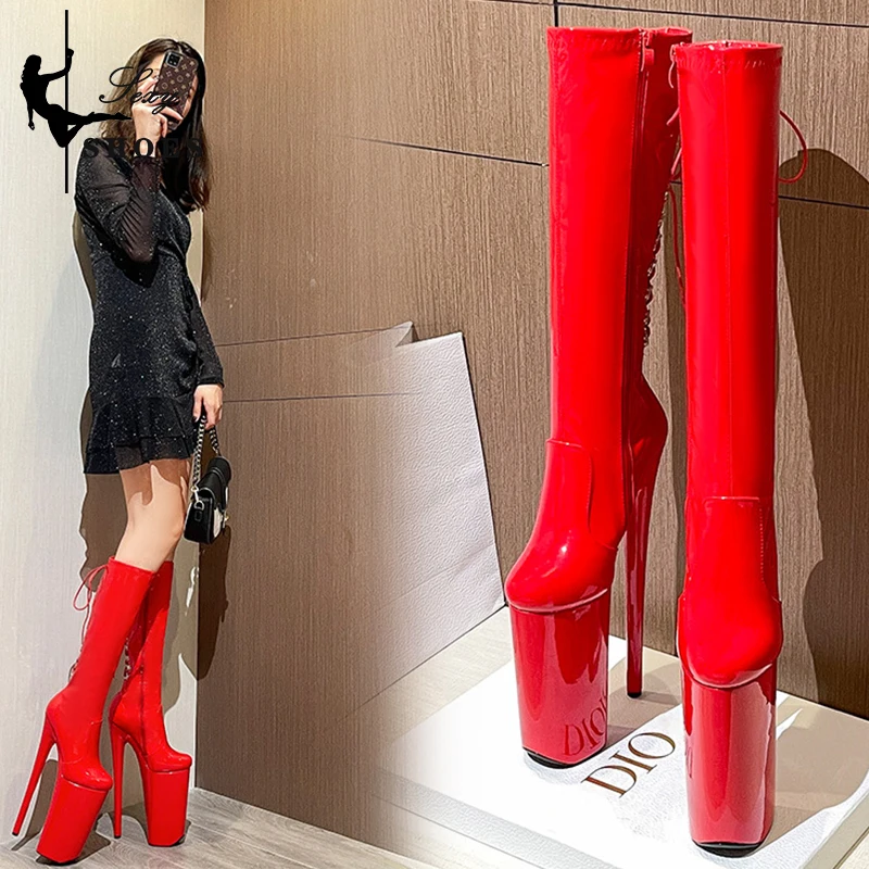 Women Knee-High Boot Super High Heel 26CM Nightclub Knee Boots Women Strappy Zipper Round Toe Booties Strippers Dance Model Shoe