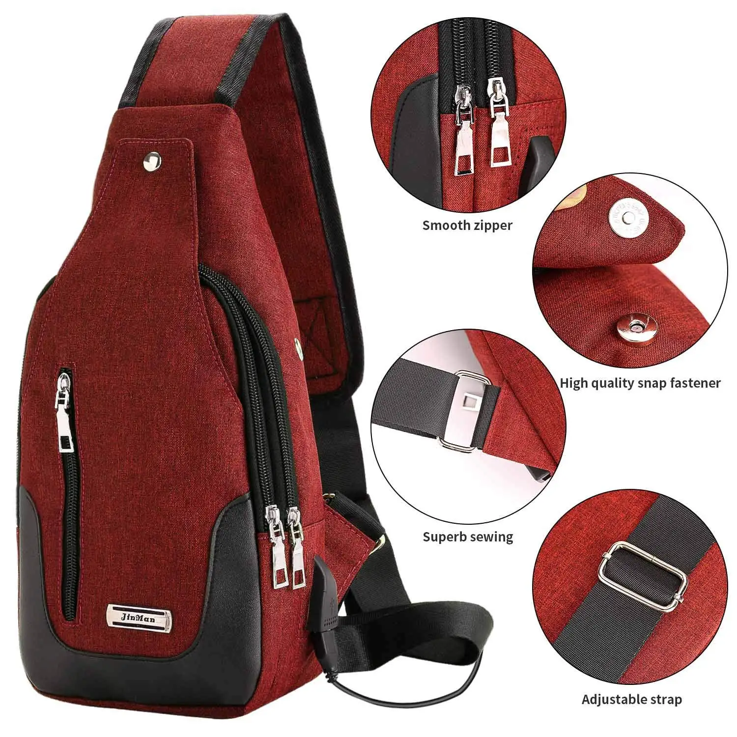 Lightweight Casual Canvas Unbalance Backpack Crossbody Sling Shoulder Bag Chest Bag with USB Charging Port for Men Women