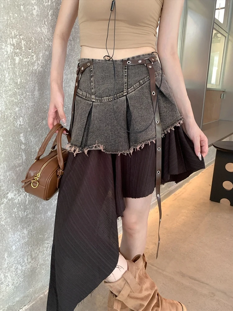RORORIRI レトロスプライシング不規則なデニムミニスカート女性ハイウエストベルト生エッジプリーツ非対称スカートゴシックパンクストリート