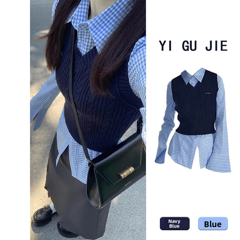 

Fall New Women's College Sle Plaid irt Knitted Vest Faionable Korean f Skirt Tee-piece Set Long Sve Ne