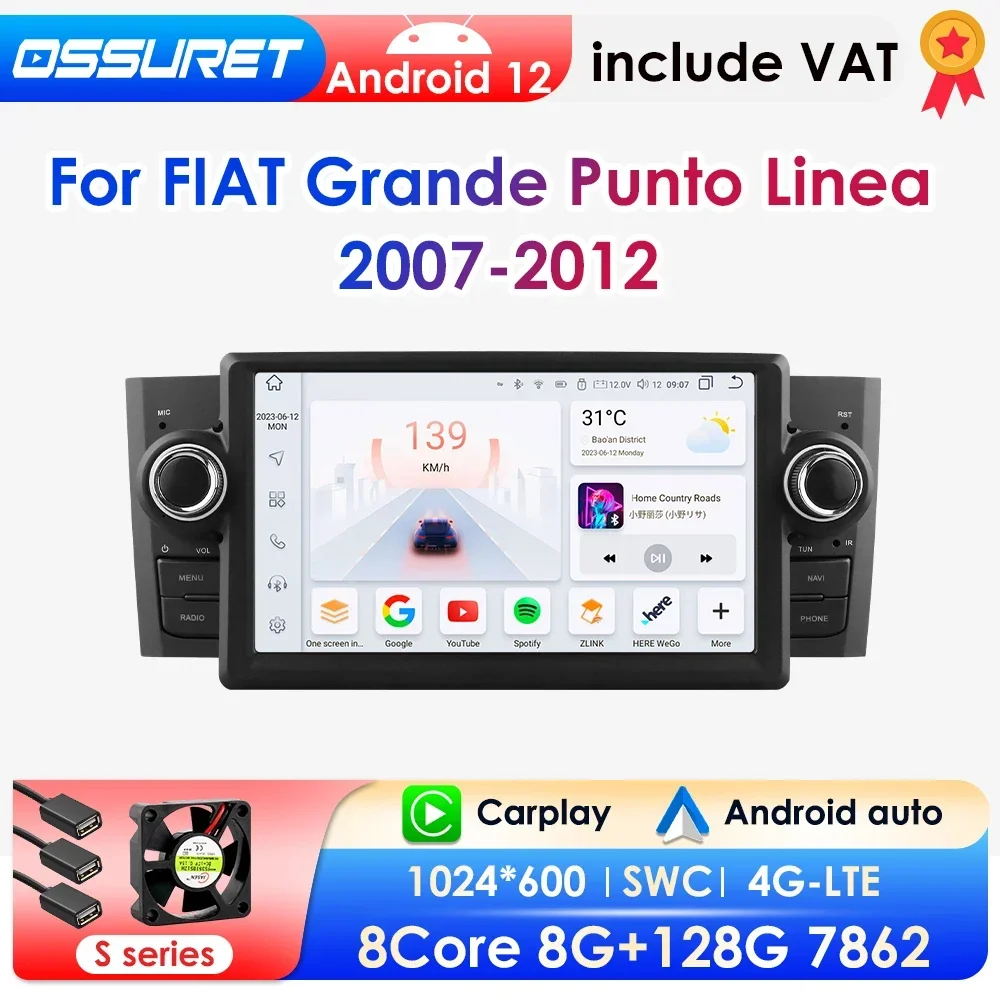 Autoradio Android per FIAT Grande Punto Linea 2007-2012, Lettore Multimediale Video, Navigazione Stereo GPS, Carplay, Octa Core 7862
