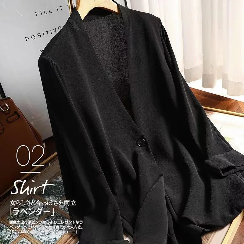 

2025 New Spring Black Thin Silk Jacket Women Fashion One Button Long Sleeve Womens Coat Loose V Neck Bomber Jacket