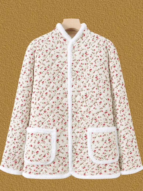 سترة قطنية سميكة دافئة بنقشة زهور للأمهات والجدات، معطف خارجي جديد للخريف والشتاء بتصميم فني فضفاض