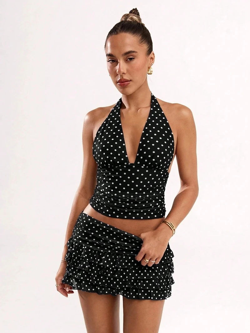 

STYLISH LADY Polka Dots Printed 2 Piece Set Women Halter Backless Crop Top and Mini Ruffle Skirt Suits 2025 Autumn Outfits