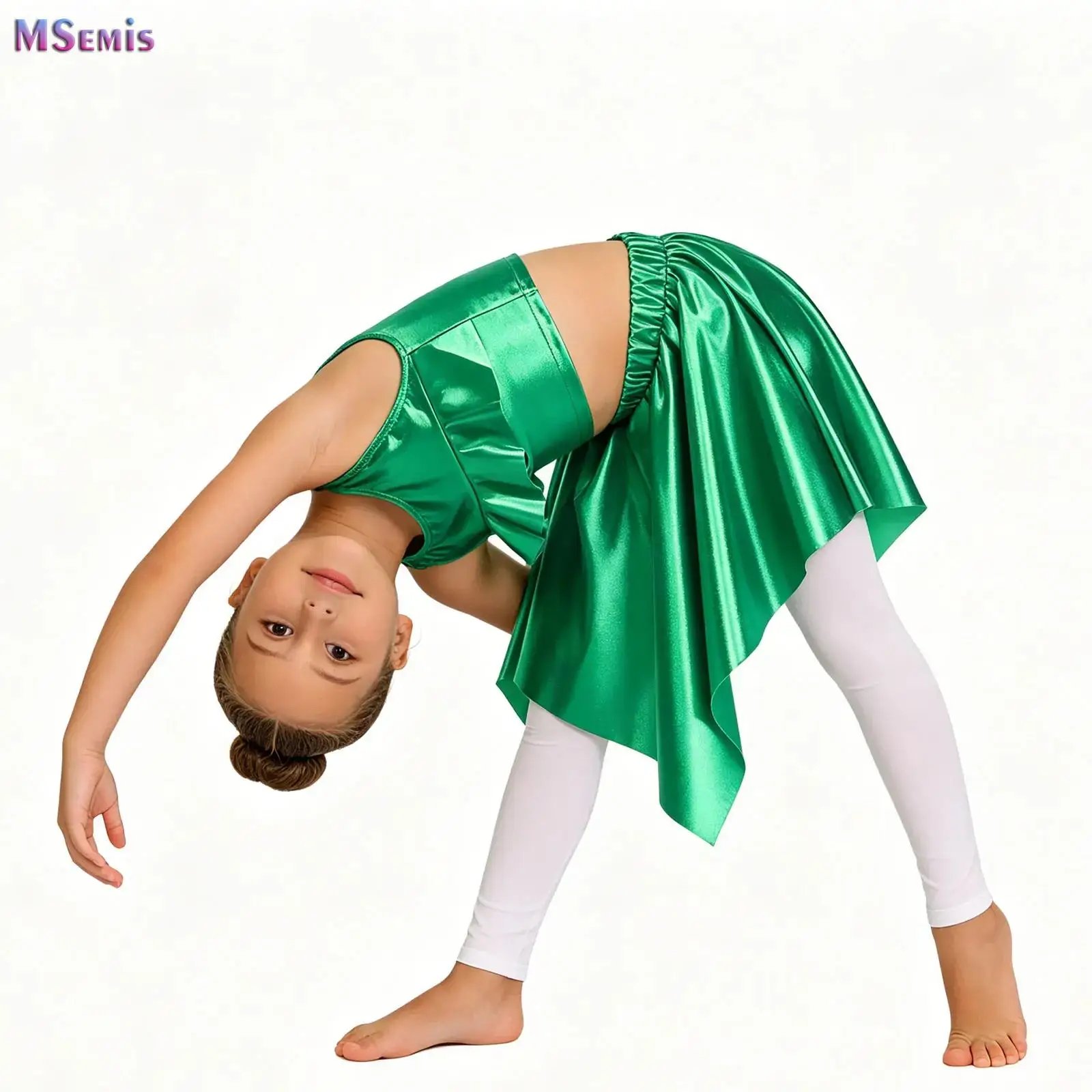 2Pcs Kids Girls Jazz Dance Performance Outfit Shiny Metallic Tank Crop Tops with Skirt for Ballet Dance Streetwear Stage Costume