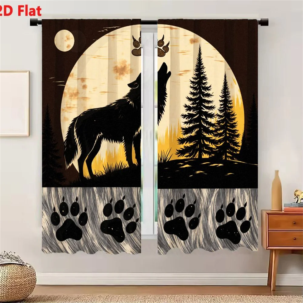 2Pcs Curtains 2D Flat Black And White Wilderness Scene With Silhouetted Wolf Howling At Floating Paw Print Full Moon Evergreen T