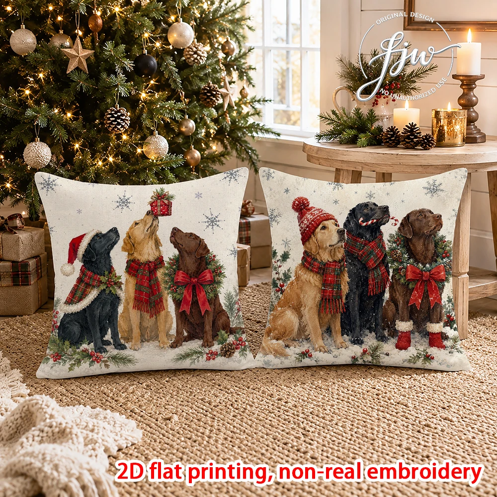 2pcs Christmas Labrador Retriever Throw Pillow Covers Vintage Winter Holiday Dog Cushion Cases for Sofa Couch Bed