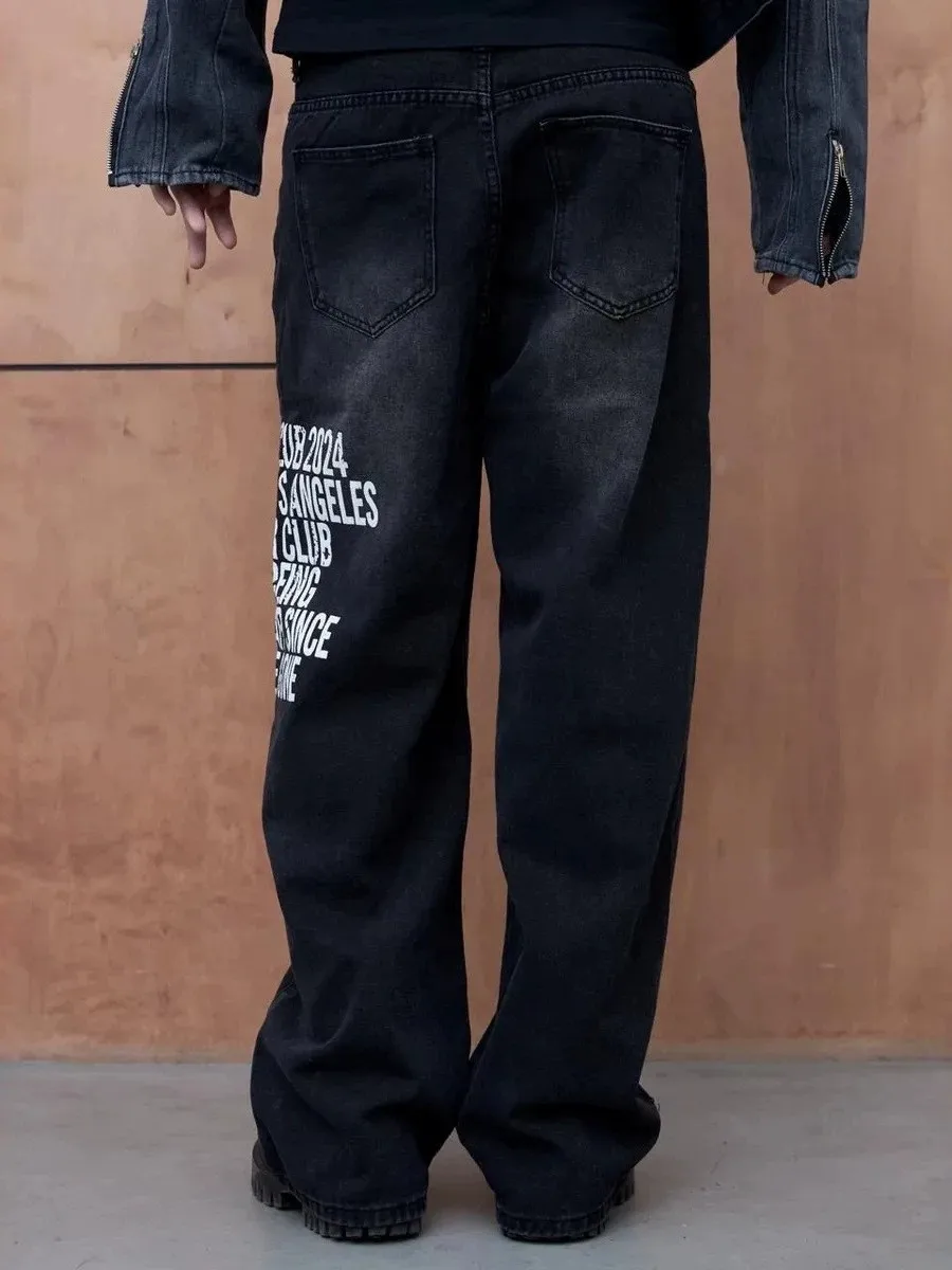 Retro Pattern Printed Jeans Unisex Y2K High Street Hip Hop Versatile Long Trousers Low Waist Cotton Summer Non-Stretch Straig...