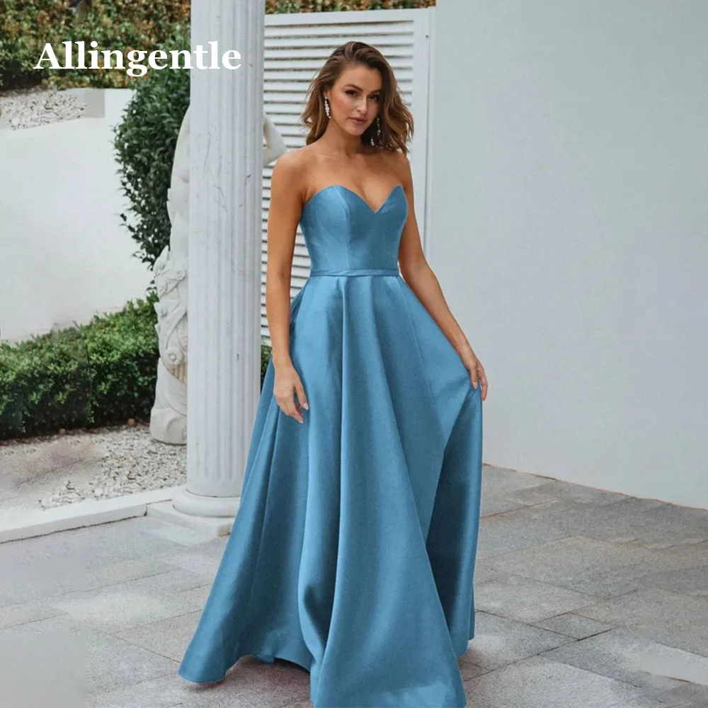 

Allingentle Elegant Strapless Satin Prom Party Dress Sweetheart A-Line Floor Length Evening Guest Ball Gown Zipper robe de soiré