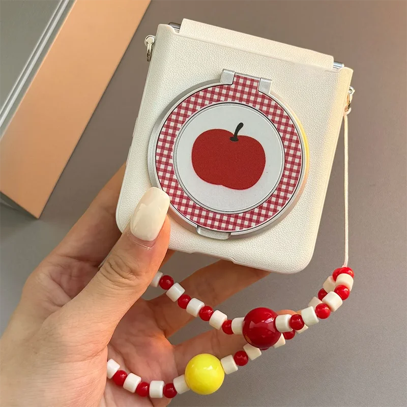 For Xiaomi Mix Flip Case White Leather Flip Phone Case For Xiaomi Mix Flip 2 Cover With 360 Degree Rotation Stand & Beaded Chain