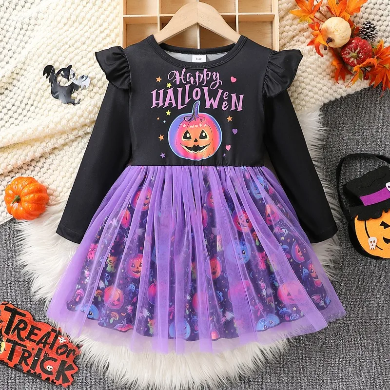 Children Girls Clothes Dress Halloween Pumpkin Letter Print Patchwork Purple Princess Dress Party Costume Fancy Kids Dress Up