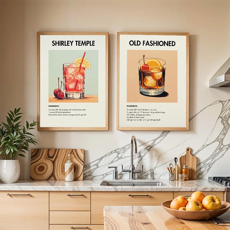 French Retro Cocktail Manhattan Pina Colada Whiskey Margarita Poster Print Wall Art Pictures Canvas Painting Room Home Decor