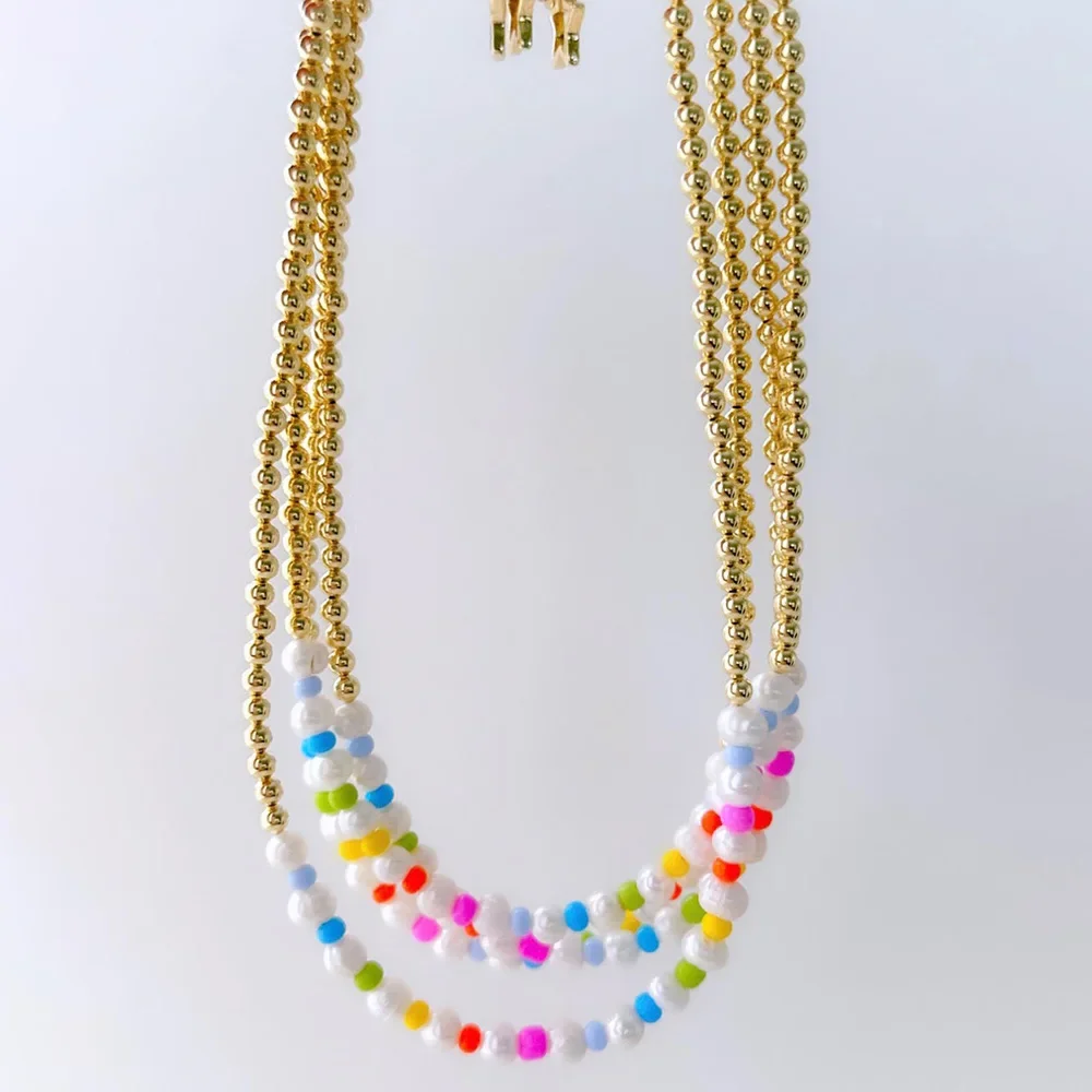 

Beaded necklace Pearl Hand knitting Chroma Bohemia Originality Adjustable Female Tide Gradient color Simple Rice bead necklace