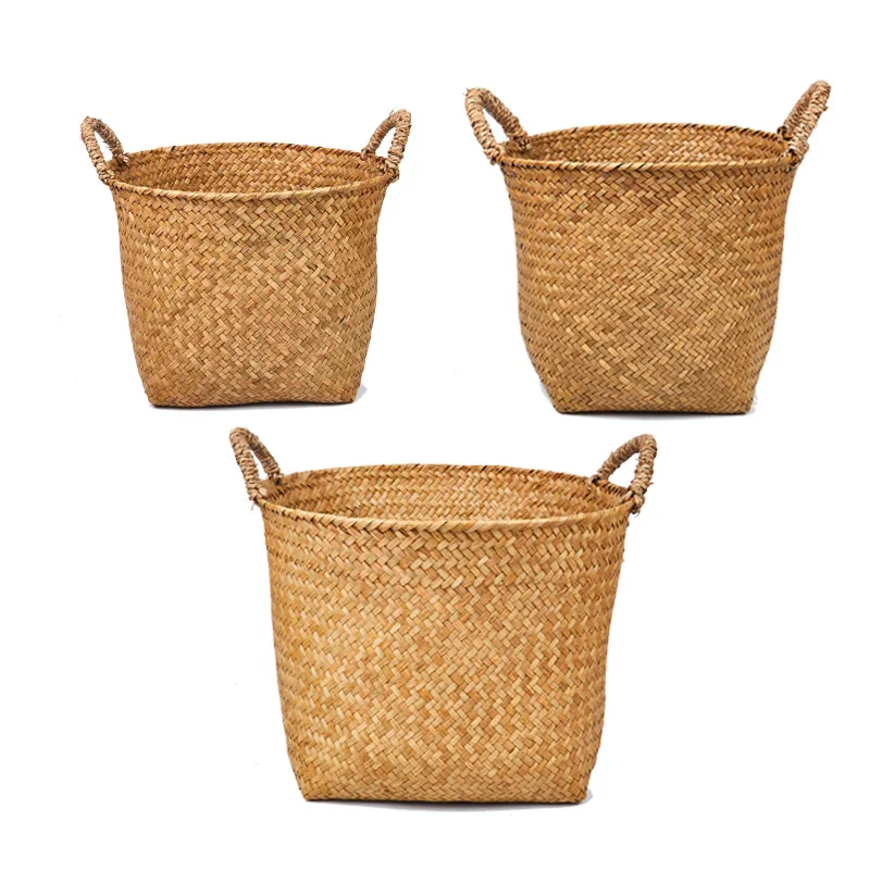 

Seagrass Woven Storage Basket Handmade Rattan Flower Pot Planter Natural Organizer Decorative Straw Bin for Living Room Display