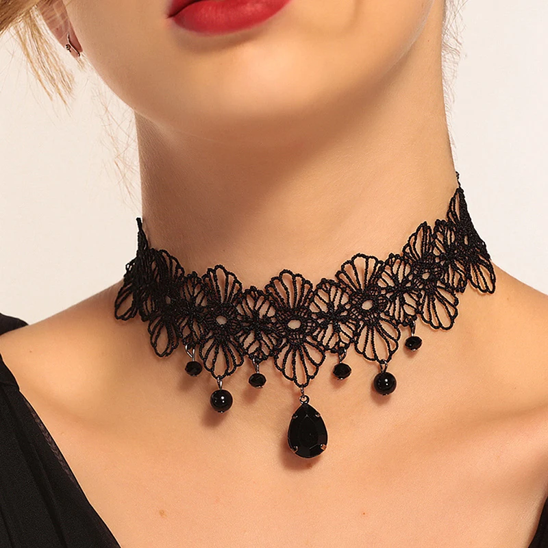 Vintage Gothic Lace Choker For Women Black Crystal Pendant Charm Choker Necklaces Lolita Bead Choker Jewelry