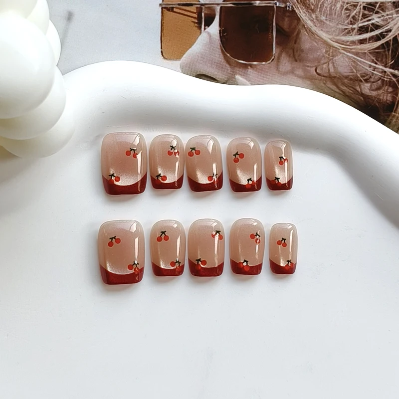 10Pcs French Style Cherry Half Handmade With Cat Eyes Press on Nails Spring Summer Must Have INS Trend Cute Nail Patch Fake Nail