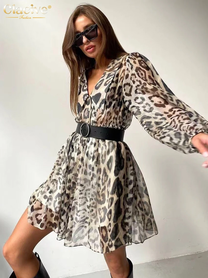 

Clacive Fashion Loose Print Women'S Dress 2023 Elegant Lapel Puff Sleeve Office Lady Mini Dresses Casual Classic Female Dress