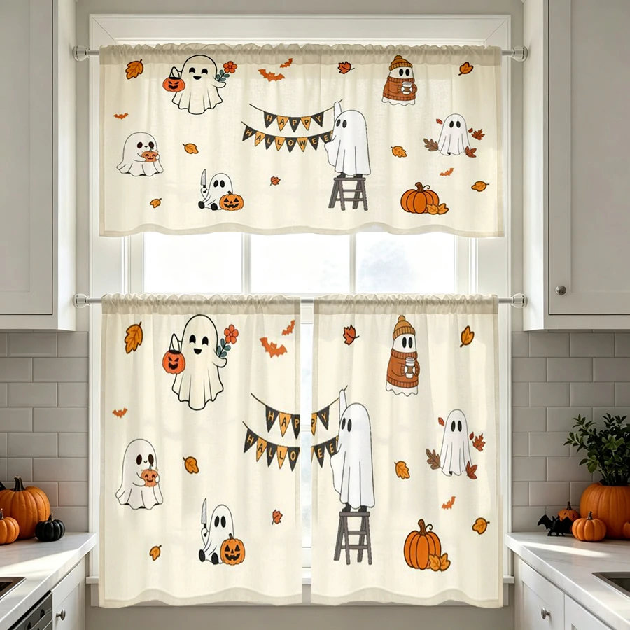 Halloween Fall Kitchen Curtains, Cute Ghost Maple Leaf, Digital Print, Kitchen Dining Room, Rod Pocket Polyester, Home Decor