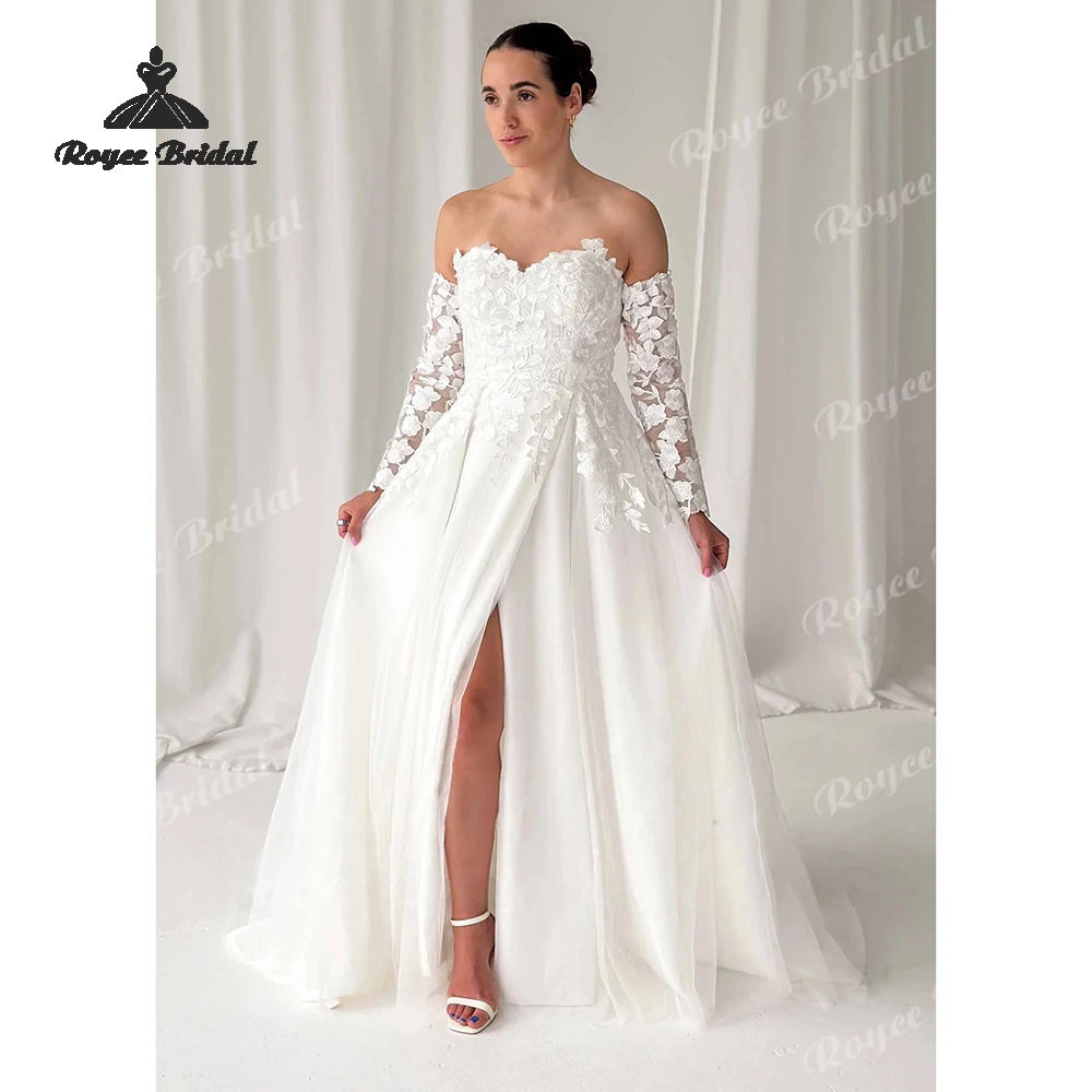 

Floral Applique Strapless A Line Wedding Dresses 2026 Detachable Long Sleeves Beach Bridal Gown Customized vestido de novia