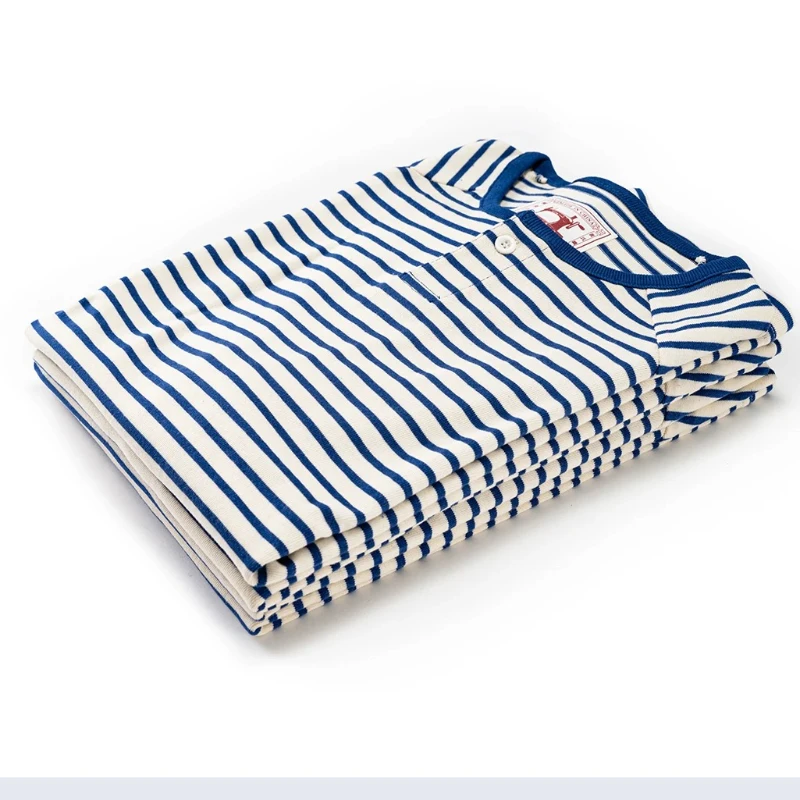 Akkad Kuti 2025 New Retro Sea Soul Shirt Men's Henry Collar Short Sleeve T-shirt Heavy Shoulder Sleeve Loose Stripe T-shirt