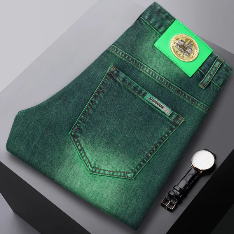 Light Luxury Men's Clothing Summer Fashion Trends Green Washed-out Vintage All-Match Stretch Slim Casual High-End Jeans Men