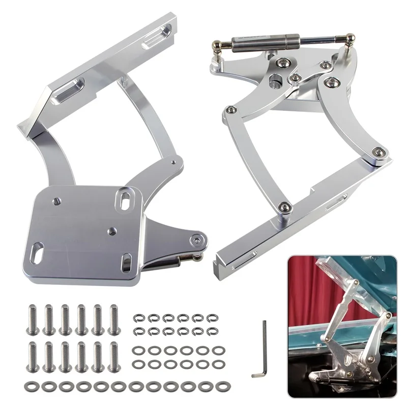 Left and Right Side Billet Hood Hinge Kit Pair For Ford Mustang 1967-1969 Silver CNC Aluminum 3.3L 4.1L 4.7L 5.0L 5.8L 6.4L 7.0L