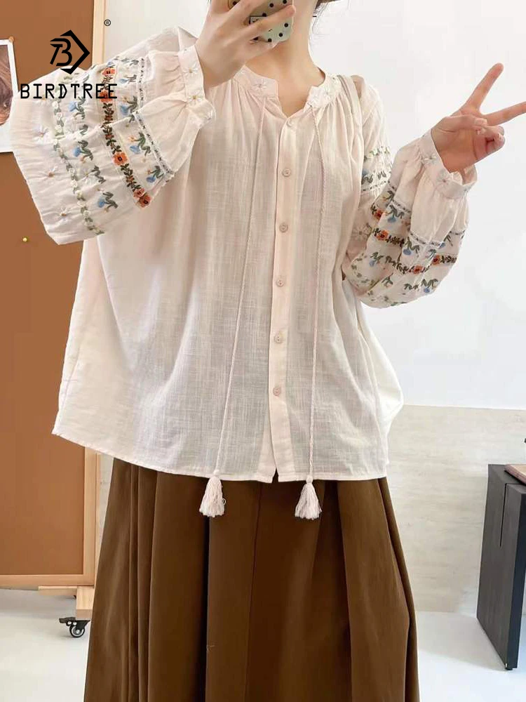 

New 2025 Winter Cotton Long Sleeve Shirt, Women Stand Embroidery Lace-up, Mori Girl French Ethnic Style Loose Blouse T5N052CC